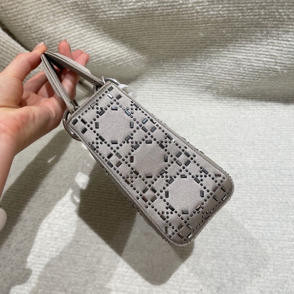 Dior Satin crystal cannage mini lady Dior gray Handbag - Picture 3 of 6